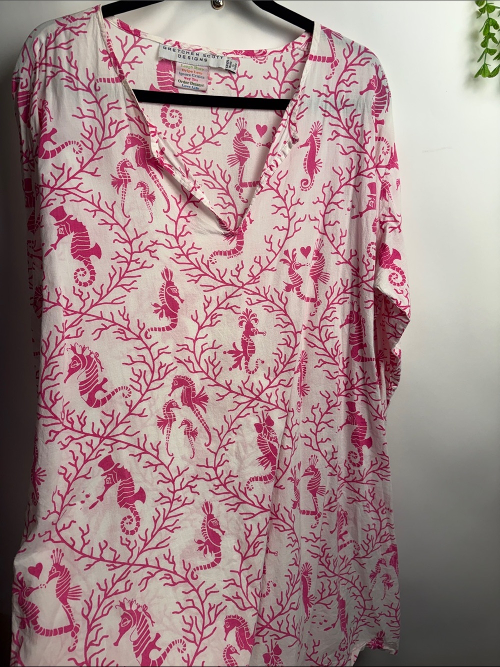 Gretchen Scott Designs Cream Tunic with Pink Seahorse Print
